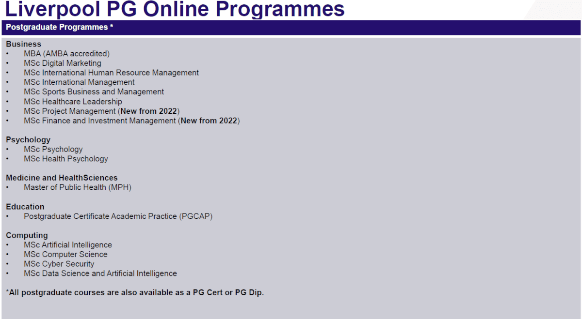 利物浦大學線上碩士文憑課程列表